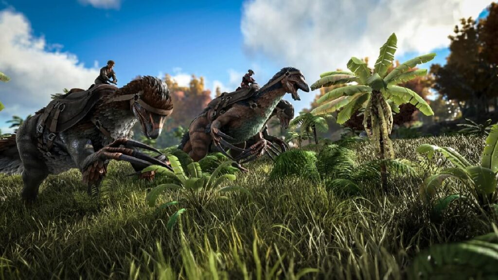 Imagem do jogo mostrando um ambiente da natureza com dois personagens montado em dinossauros.