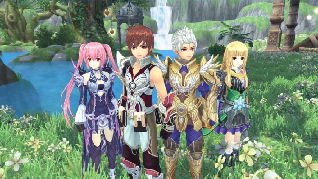 Imagem do jogo mostrando 4 personagens armados de anime.