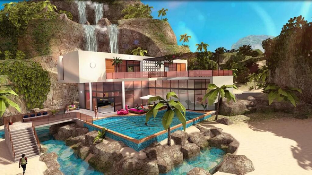 Os 8 melhores jogos realistas para PC em 2023! 3 Imagem do jogo mostrando uma mansão bem linda com uma piscina na frente e uma montanha rochosa atrás.