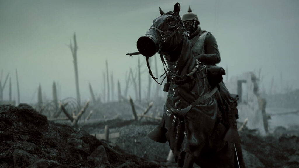 Imagem do jogo mostrando um personagem obscuro em cima de um cavalo preto no meio do campo de batalha.