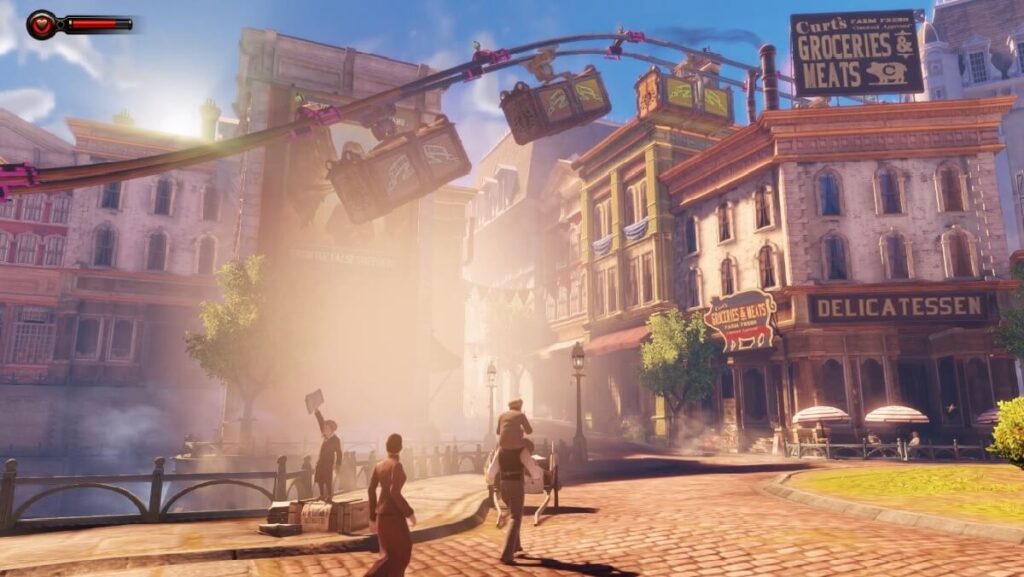 Imagem do jogo mostrando várias pessoas em uma praça de uma cidade.