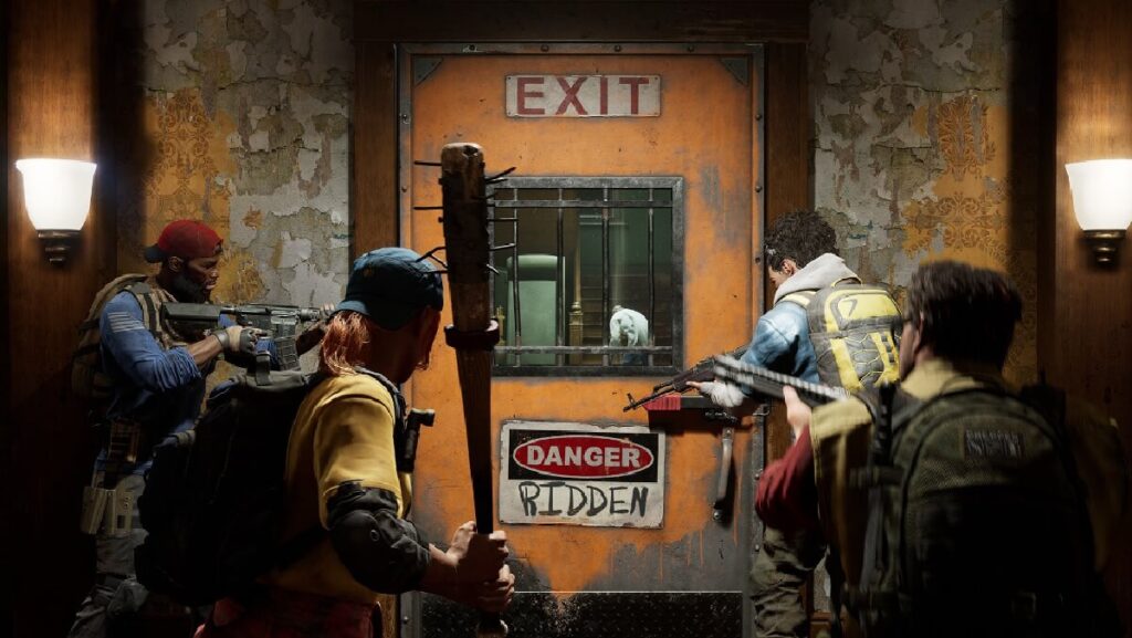 +33 Jogos para PC: Os melhores de 2023! 14 Imagem do jogo mostrando 4 personagens armados que estão esperando uma porta em laranja se abrir.