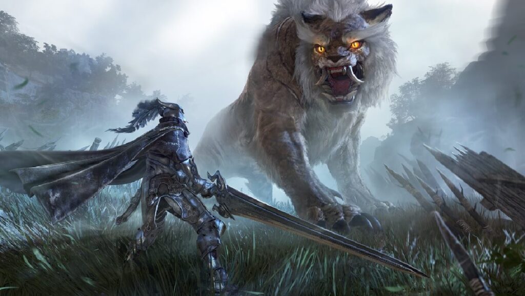 Imagem do jogo mostrando um personagem com uma espada atacando um lobo gigante.