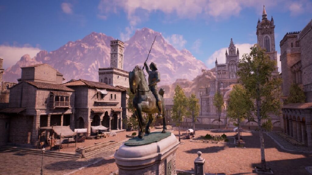 Imagem de uma praça medieval do jogo.