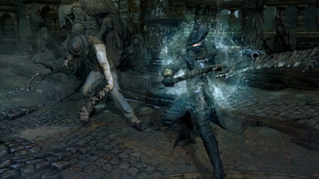 Imagem do jogo mostrando um jogador atacando o seu oponente com uma espécie de espada.