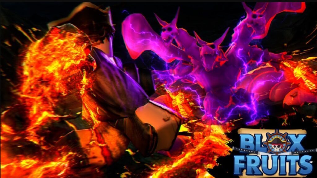 As 13 Frutas do Blox Fruits: As melhores de 2023! 3 Banner do jogo mostrando dois personagens lutando com poderes mágicos.
