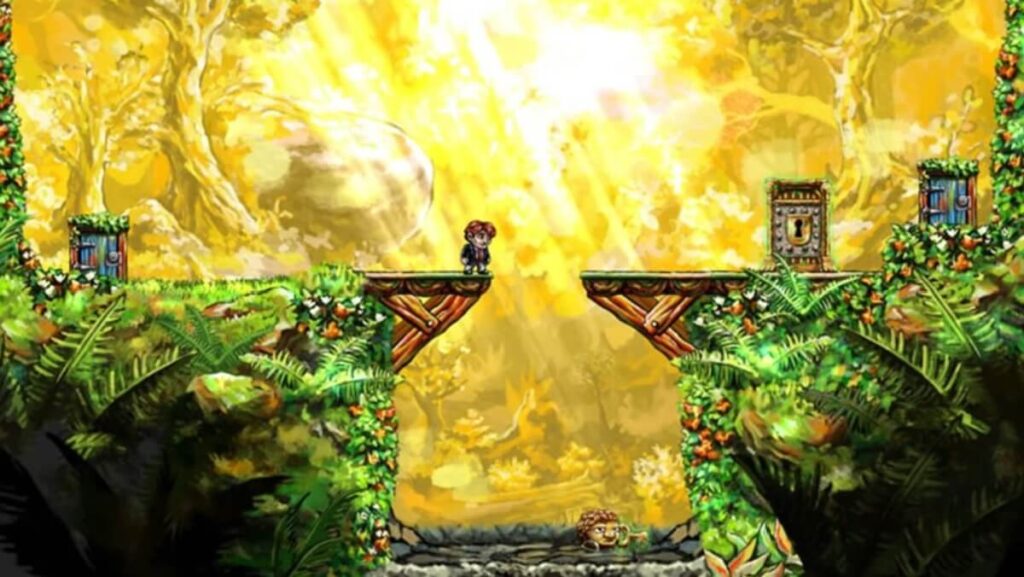 Imagem do jogo mostrando um personagem na beira de uma ponte no qual ele tem que pular, com um fundo em amarelo.