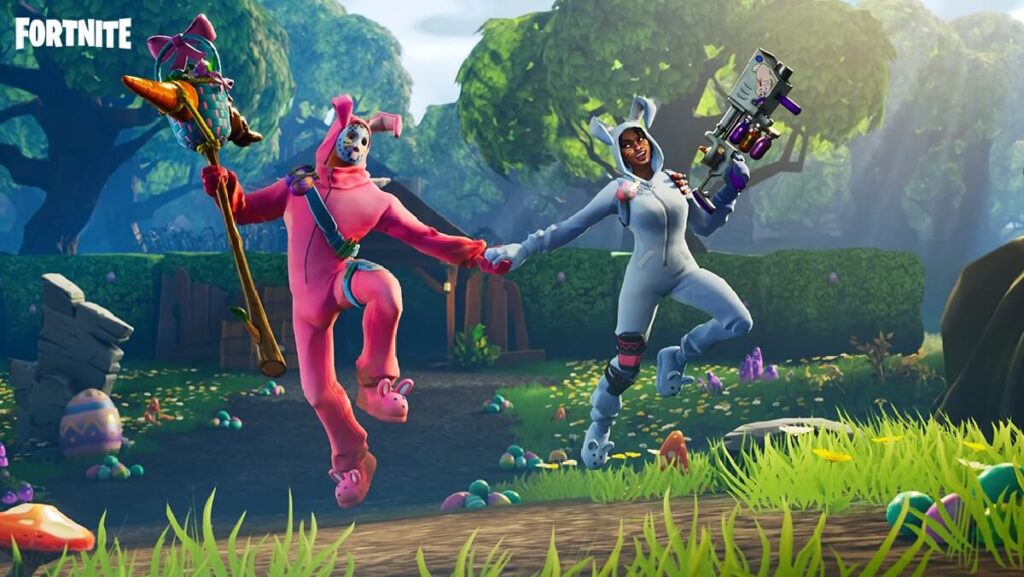 Imagem do jogo mostrando dois personagens com roupas de coelho em um ambiente de páscoa.