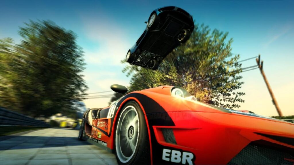 Imagem do jogo mostrando um carro voando por cima de outro.