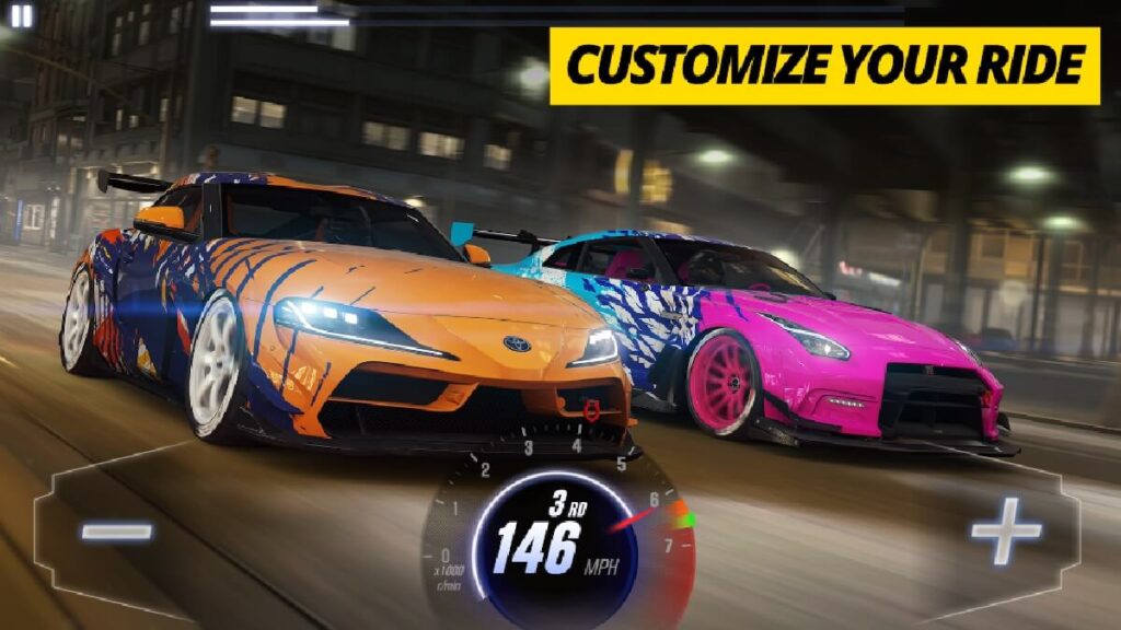 Imagem do jogo mostrando dois carros apostando racha em uma rua pública da cdade.