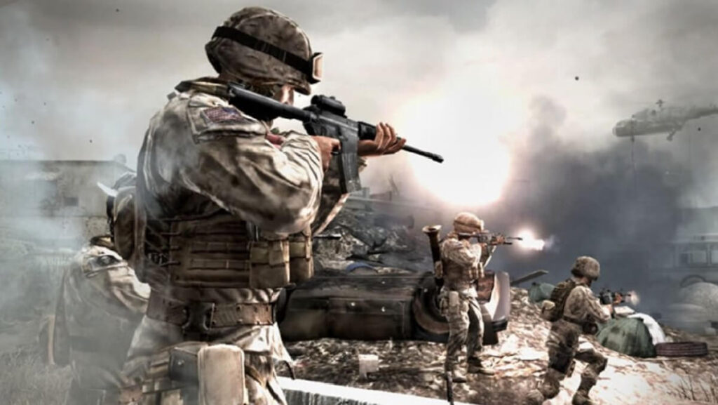 Imagem do jogo mostrando vários personagem armados atirando em seu oponente.