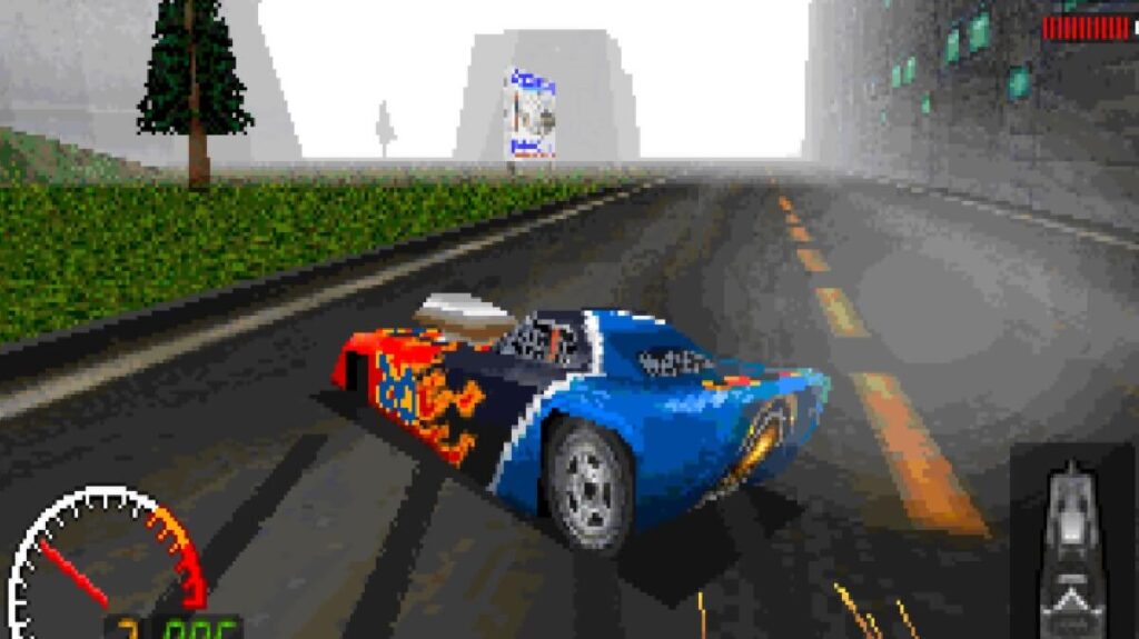 +15 melhores jogos de corrida para PC: Guia atualizado! 10 Imagem do jogo mostrando um carro azul com adesivo nas laterais em formato de fogo na cor vermelha.