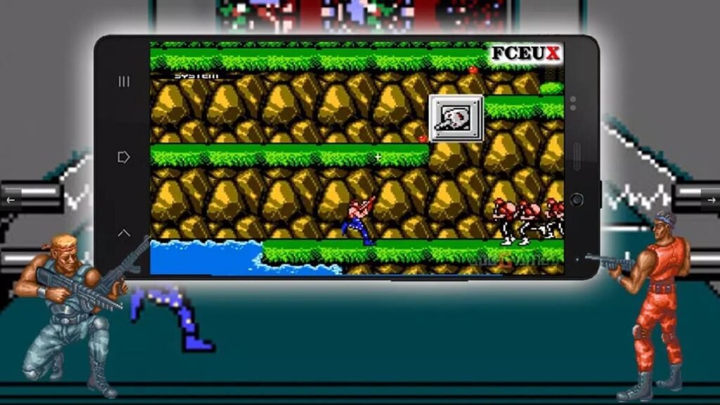 Imagem de um dois personagens do jogo apontando para um celular, onde ocorre uma partida.