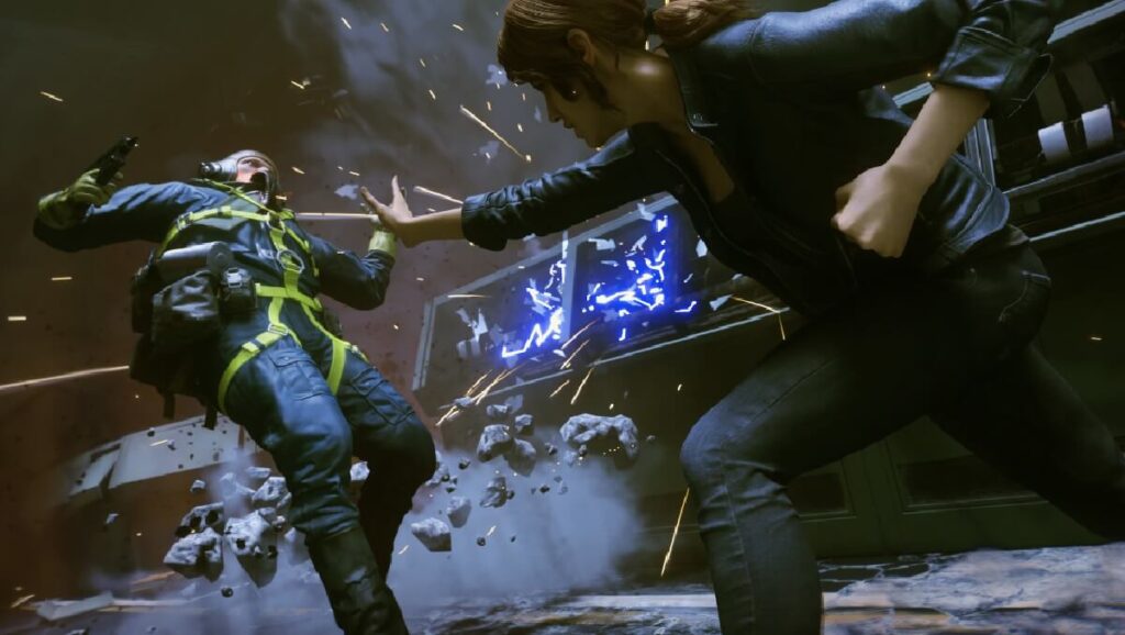 Imagem do jogo mostrando uma personagem feminina derramando uma pessoa com um soco.