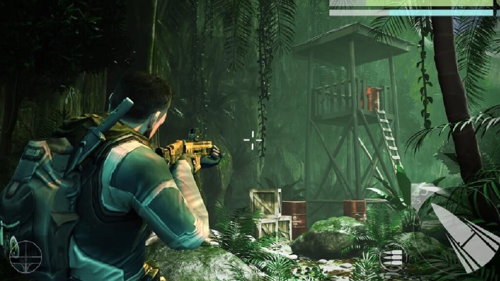 Imagem do jogo mostrando um personagem armado em uma floresta.