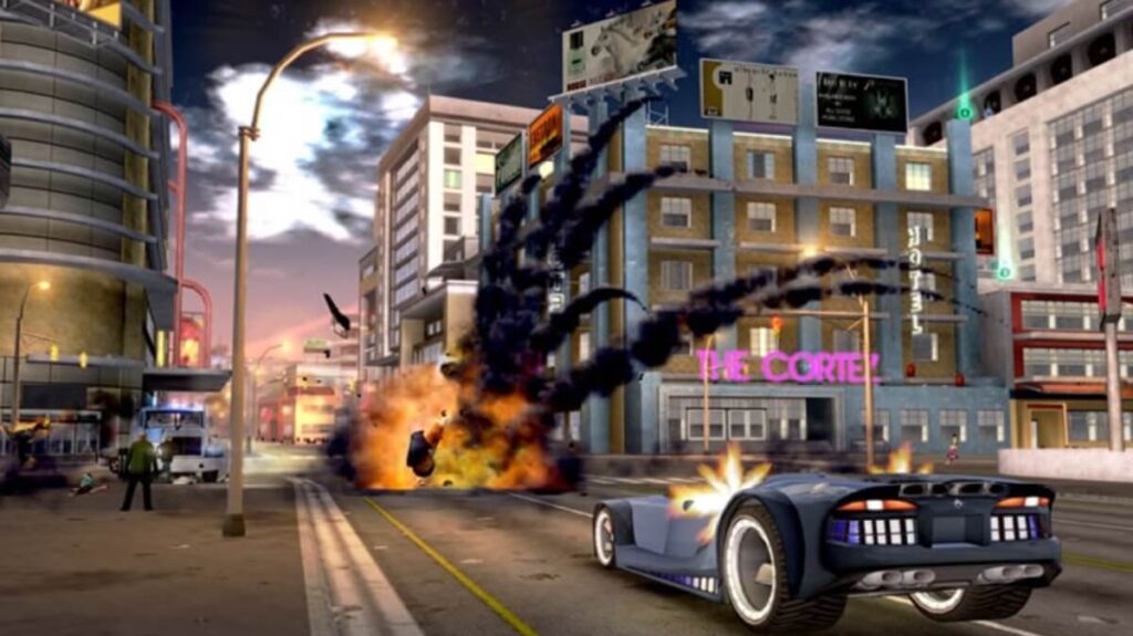 Imagem do jogo mostrando um carro atirando no oponente.