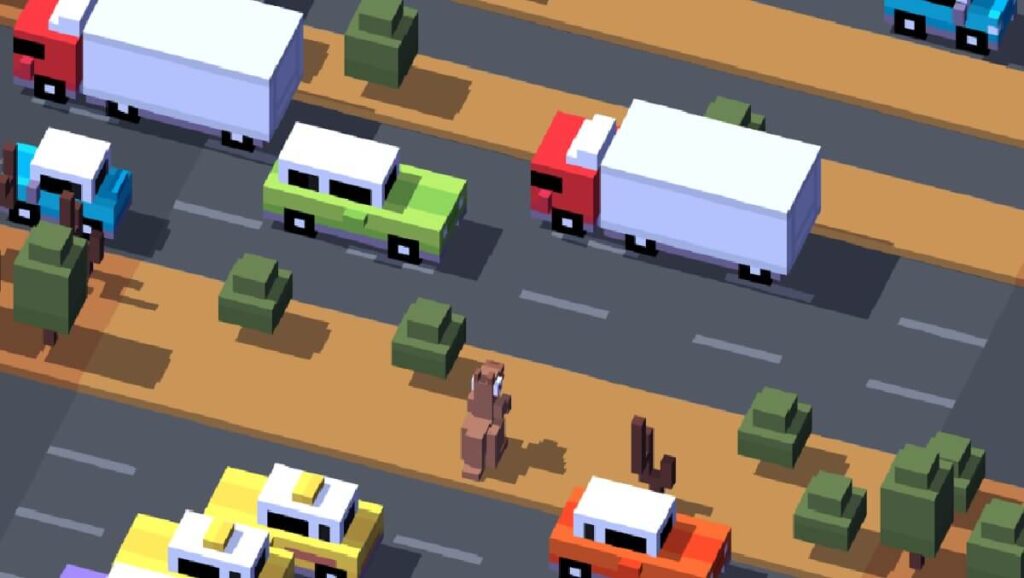 +20 Melhores jogos offline para Android: Lista atualizada (2023)! 3 Imagem do jogo mostrando um jogador querendo atravessar a estradada com vários caminhões e carros passando.
