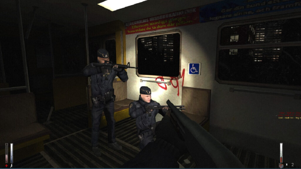 Imagem do jogo mostrando 3 pessoas com roupas de soldados e armados.