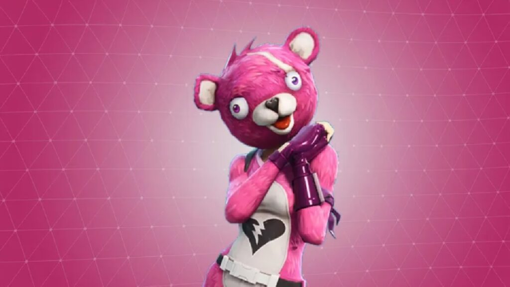 Imagem de uma personagem principal do jogo com uma mascara e corpo de urso rosa.