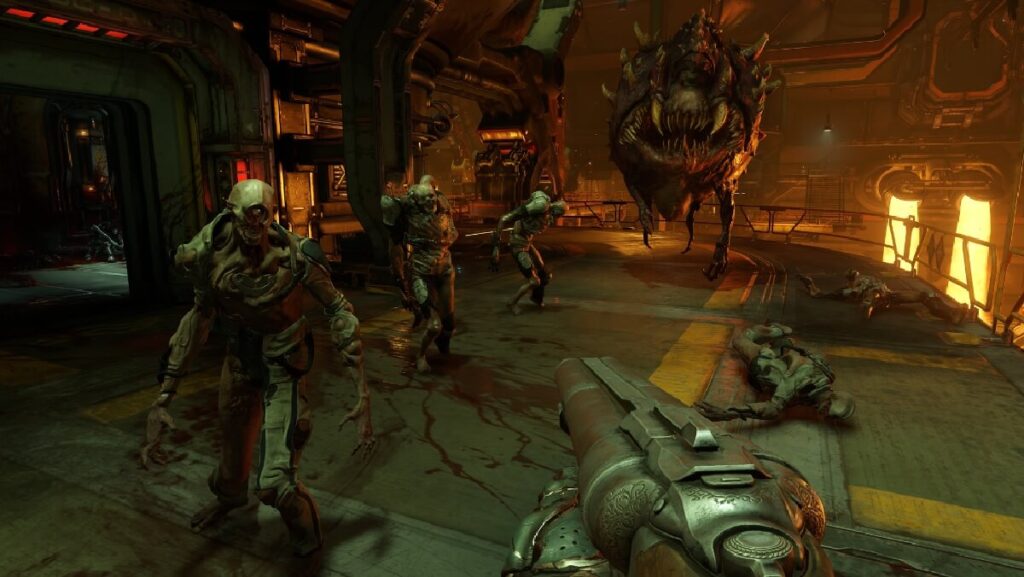 Imagem do jogo mostrando um jogador em primeira pessoa segurando uma arma poderosa para eliminar o zumbis em sua frente.