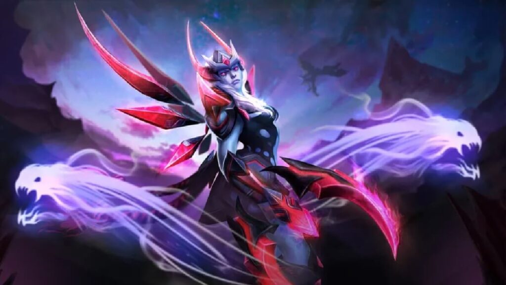 Imagem do jogo mostrando uma personagem mágica que tem como as suas cores principais o vermelho e o preto.