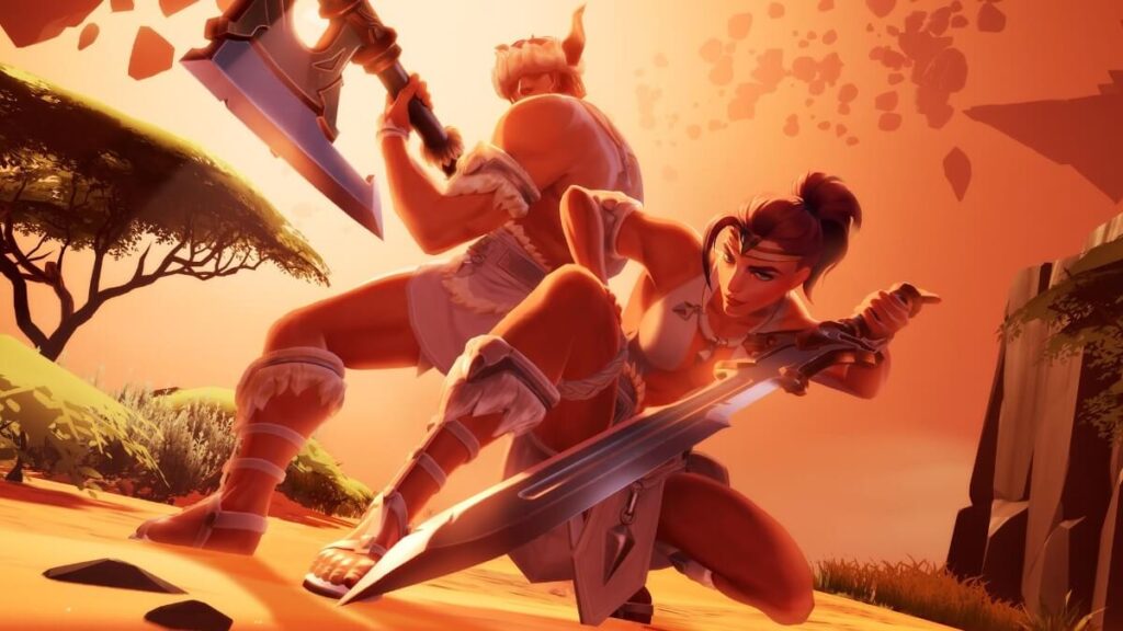 Imagem do jogo mostrando dois personagens armados com espada e machado.