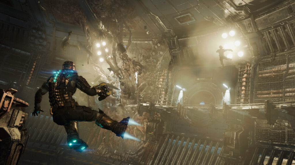 Imagem do jogo mostrando um personagem voando após um impacto com armaduras em prata que contém luzes em azul.