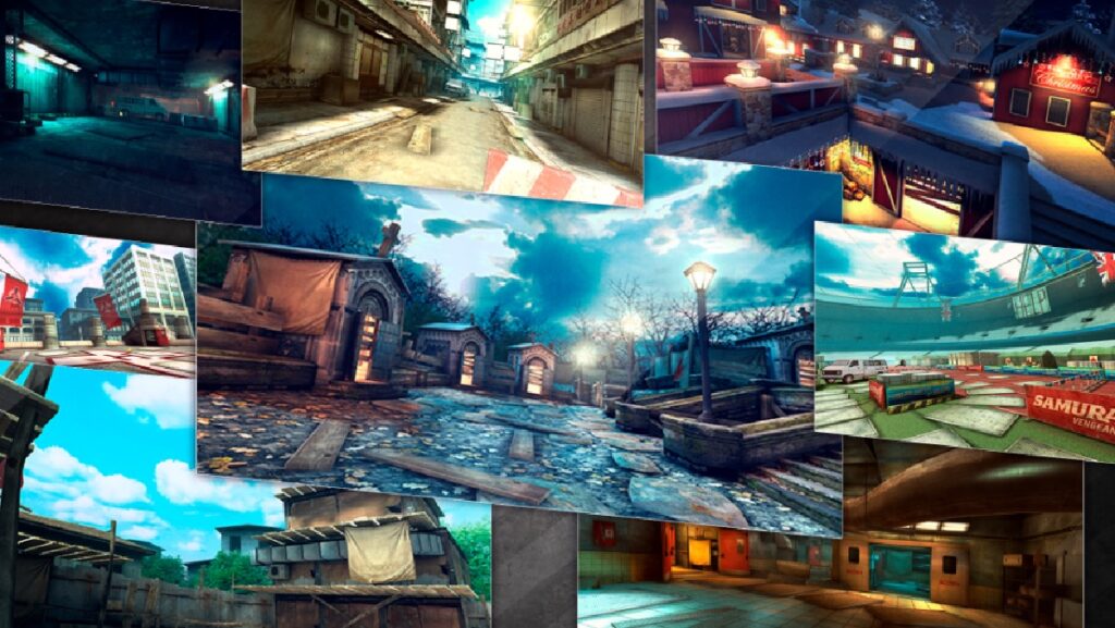 Imagem do jogo mostrando várias imagens do jogo a noite.