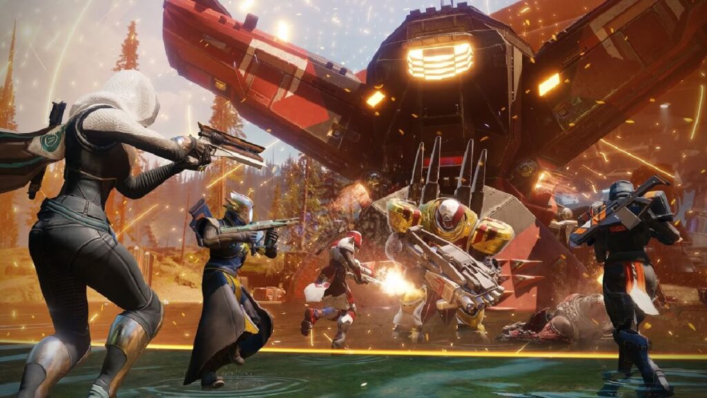 Imagem do jogo mostrando vários jogadores atirando em um robô que é o seu inimigo.