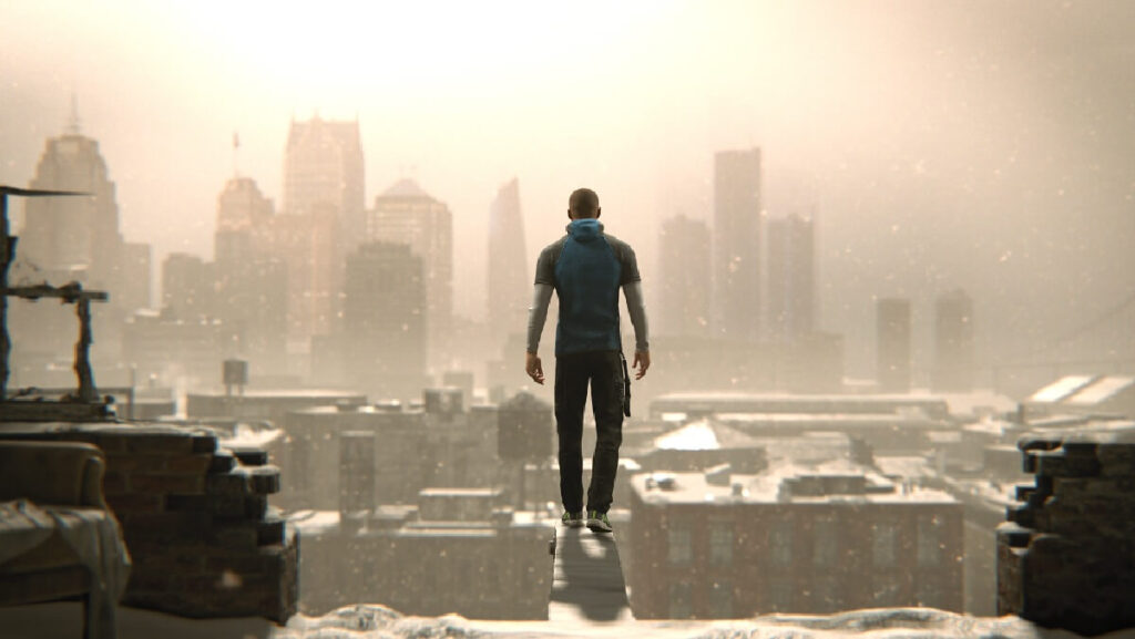 Imagem do jogo mostrando uma pessoa na ponta de um prédio em um tempo de neve.