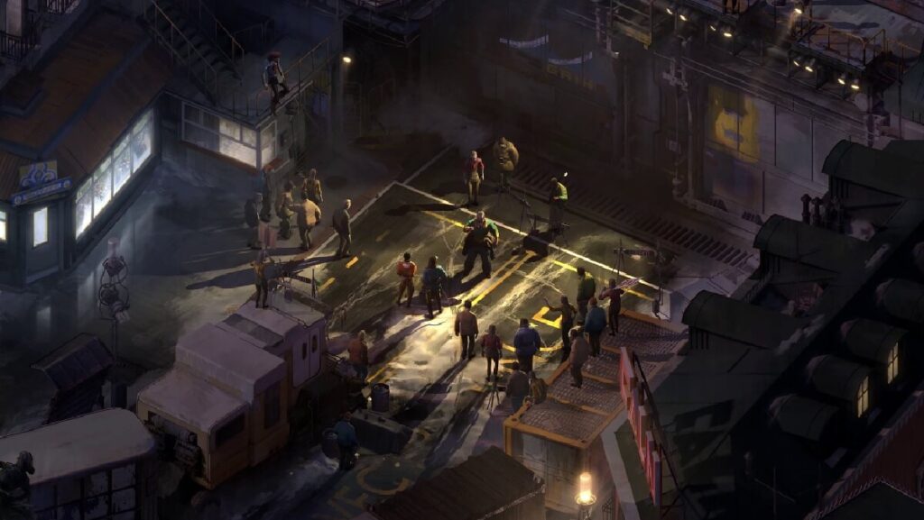 +33 Jogos para PC: Os melhores de 2023! 32 Imagem do jogo mostrando vários personagens se reunindo em um beco escuro.