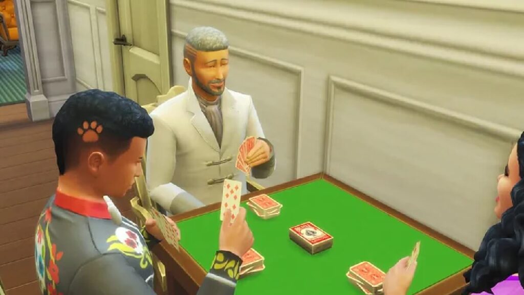 Imagem do jogo mostrando 3 Sims jogando cartas apostadas.