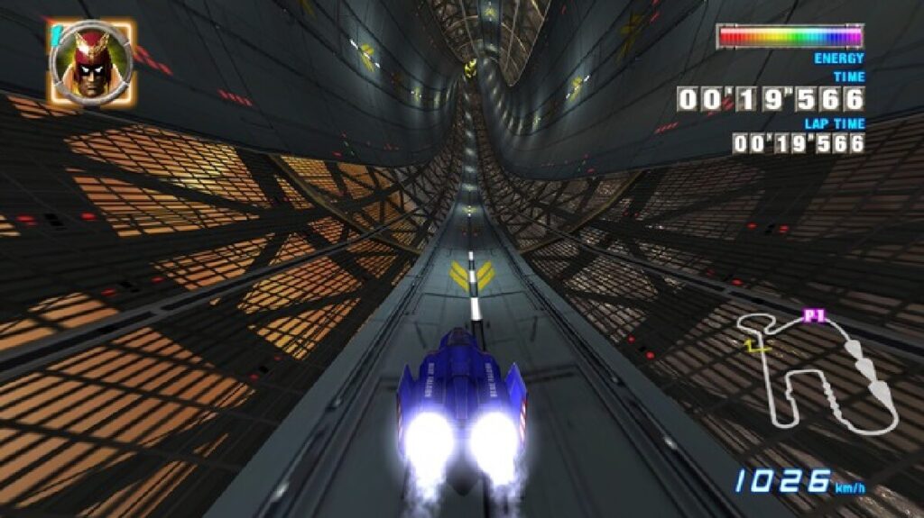 Imagem do jogo mostrando um jogador controlando uma espécie de carro em uma pista um pouco difícil.