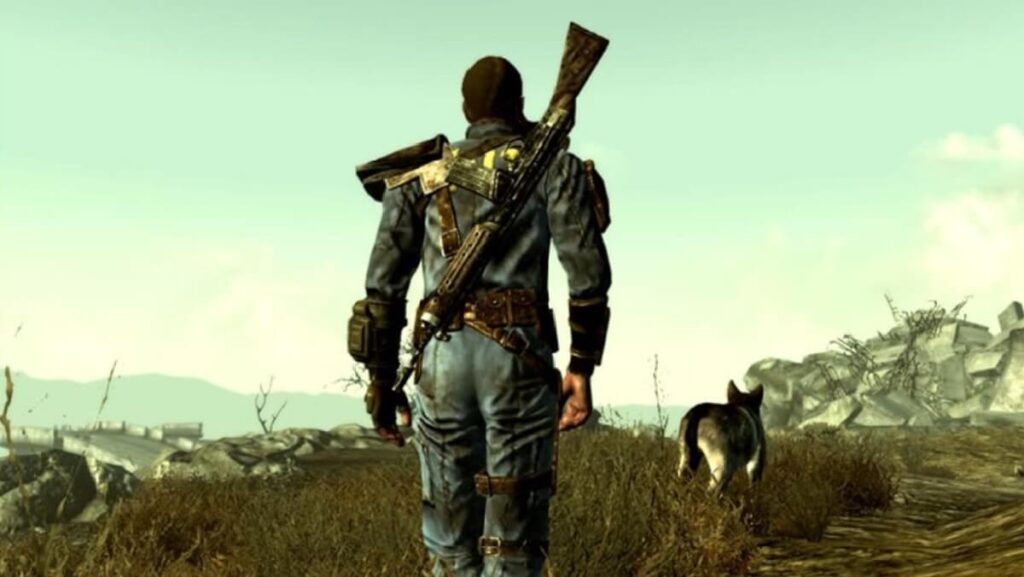 Imagem do jogo mostrando um personagem armado com o seu cachorro do lado.