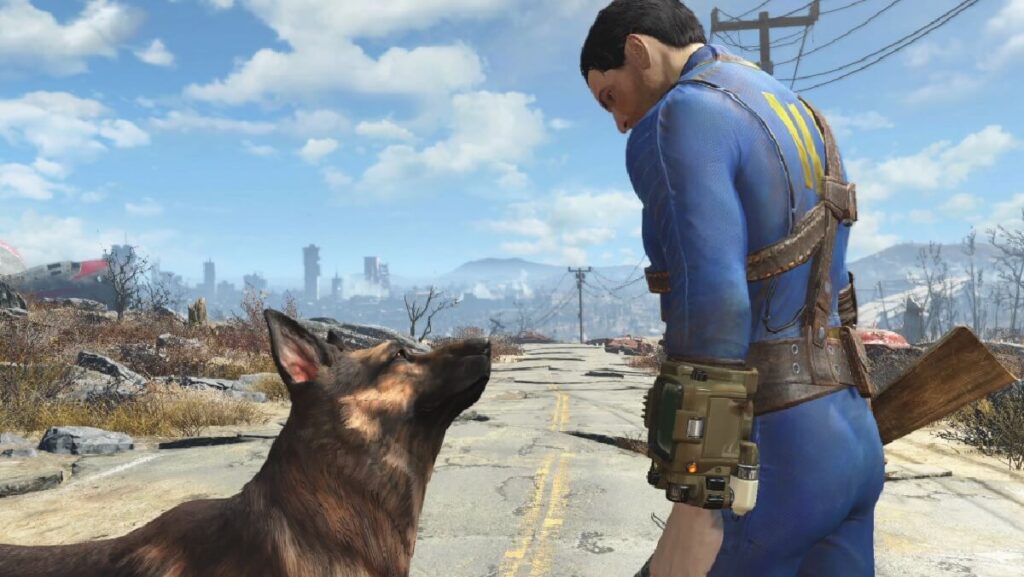 Imagem do jogo mostrando um personagem masculino e seu cachorro em um ambiente no qual foi manifestado por zumbis.