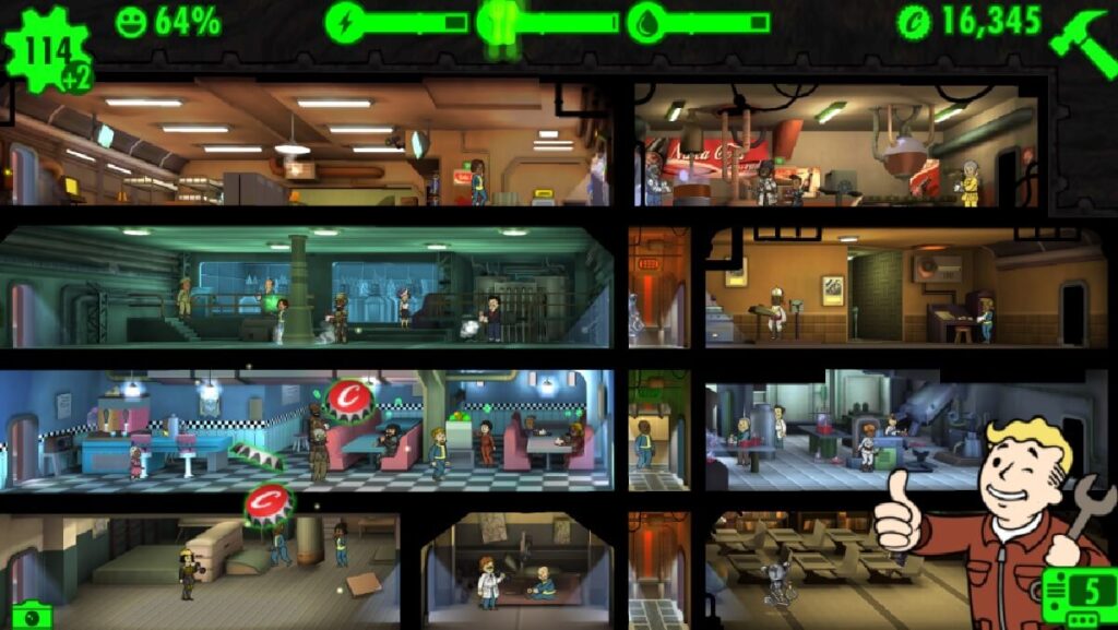 +20 Melhores jogos offline para Android: Lista atualizada (2023)! 8 Imagem capturada de dentro do jogo mostrando alguns andares no subsolo com várias pessoas.