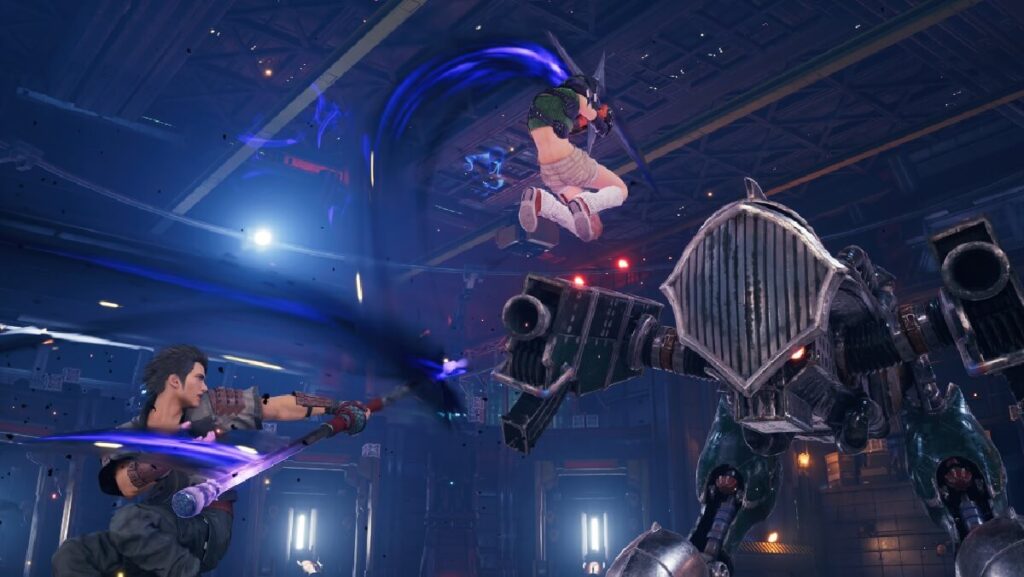 Imagem do jogo mostrando dois personagens atacando com seus armamentos mágicos um robô enorme.