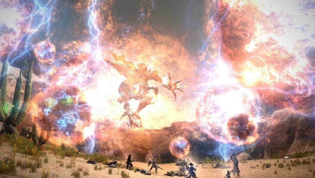 Imagem do jogo mostrando um céu devastado por magia e um mostro caindo sobre os jogadores que estão ao chão.