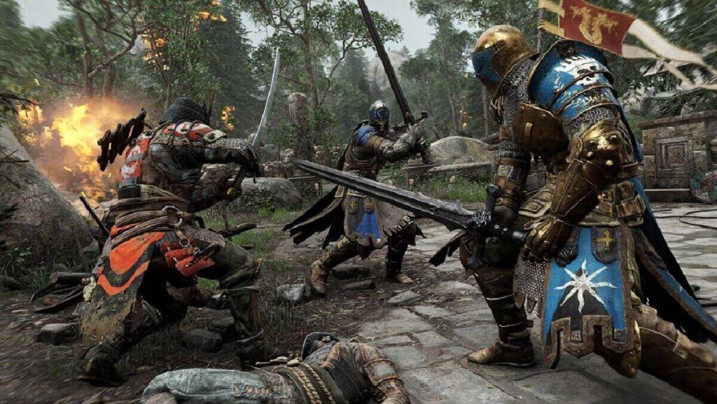 Imagem do jogo mostrando 3 soldados com armaduras poderosas lutando entre si com espadas.