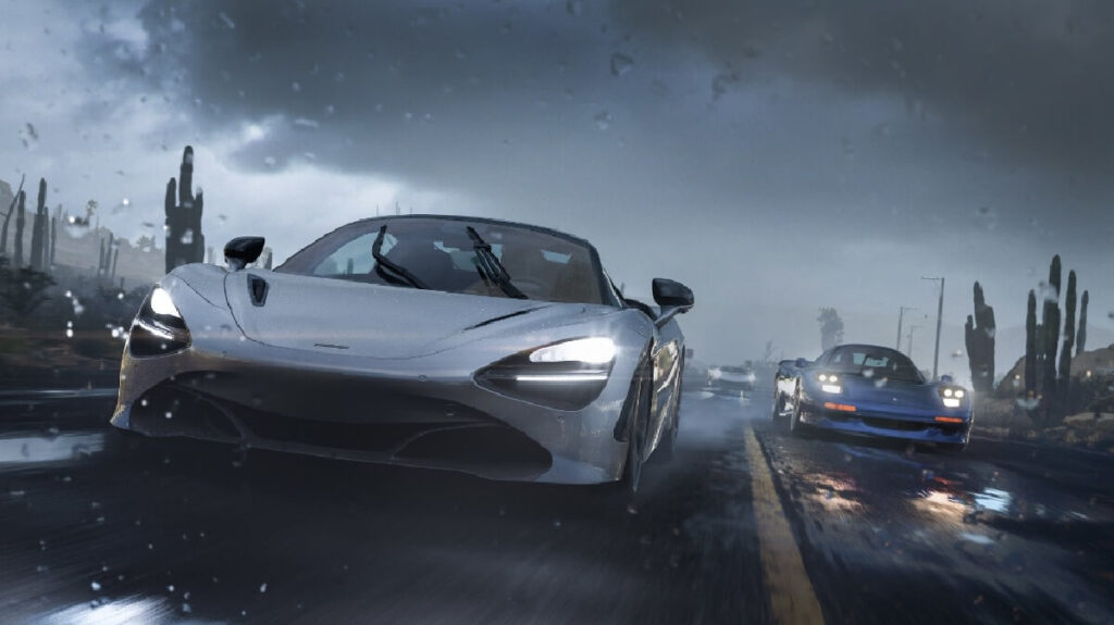 +15 melhores jogos de corrida para PC: Guia atualizado! 1 Imagem do jogo mostrando uma corrida com carros luxuosos em um tempo chuvoso.