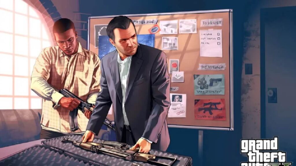 Imagem do jogo mostrando dois personagens principais segurando armas pesadas.