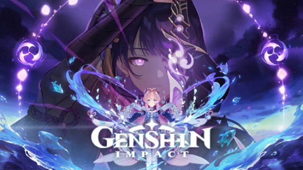 Banner do jogo mostrando  duas personagens em anime com as suas roupas em roxo.