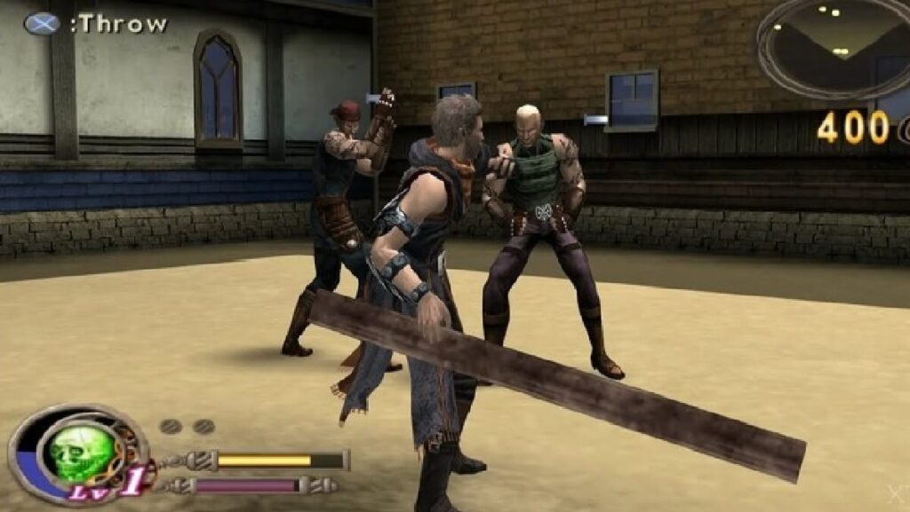 Imagem do jogo mostrando um jogador atacando seus oponentes com uma tábua.