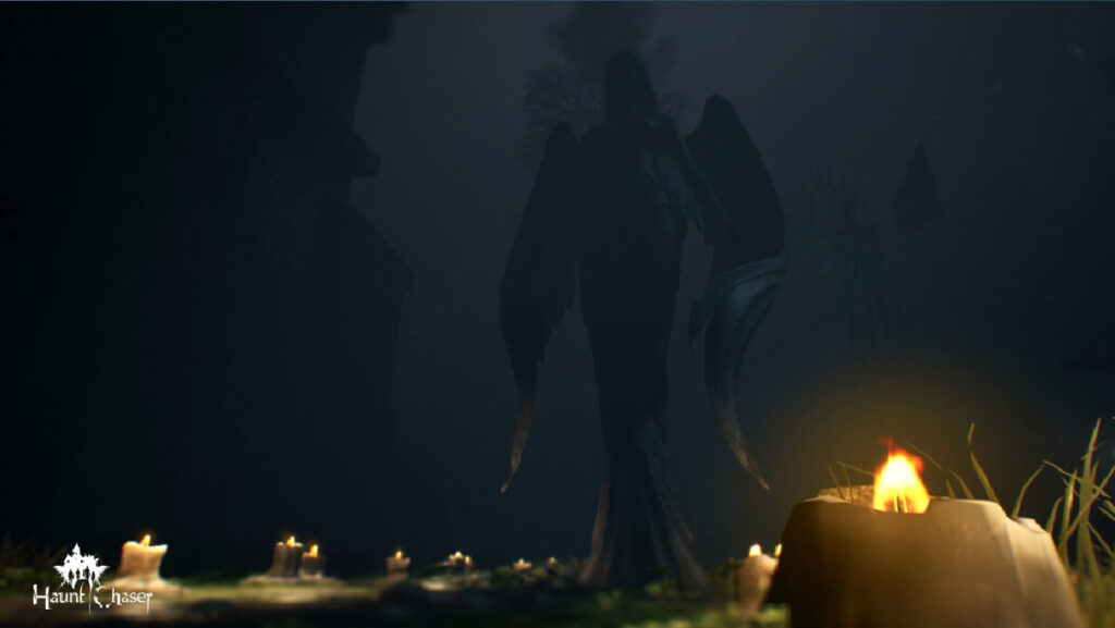 Imagem de uma estátua em formato de uma deusa rodeada de velas.