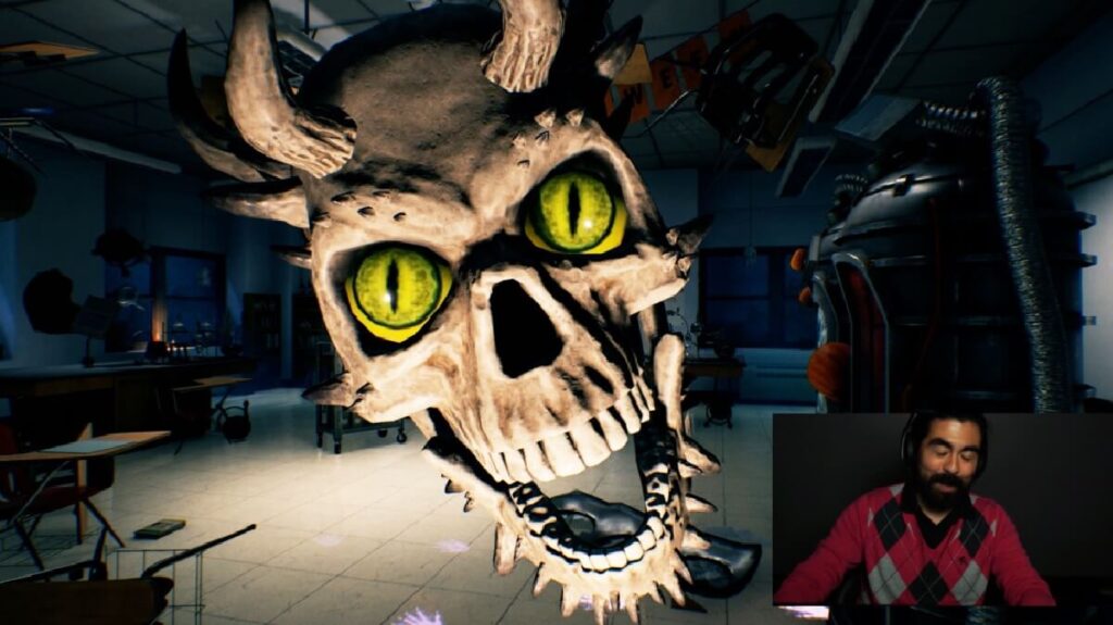 Imagem do jogo mostrando uma cena de susto com uma caveira bem no centro da tela.