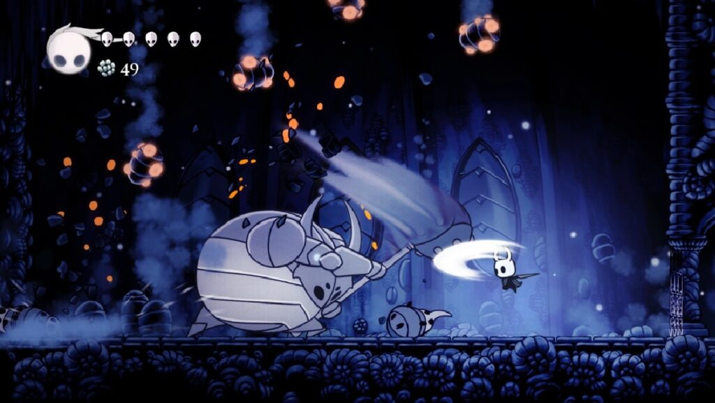 Imagem do jogo mostrando uma partida onde o jogador controla uma criatura pequena e ataca seu oponente extremamente forte.