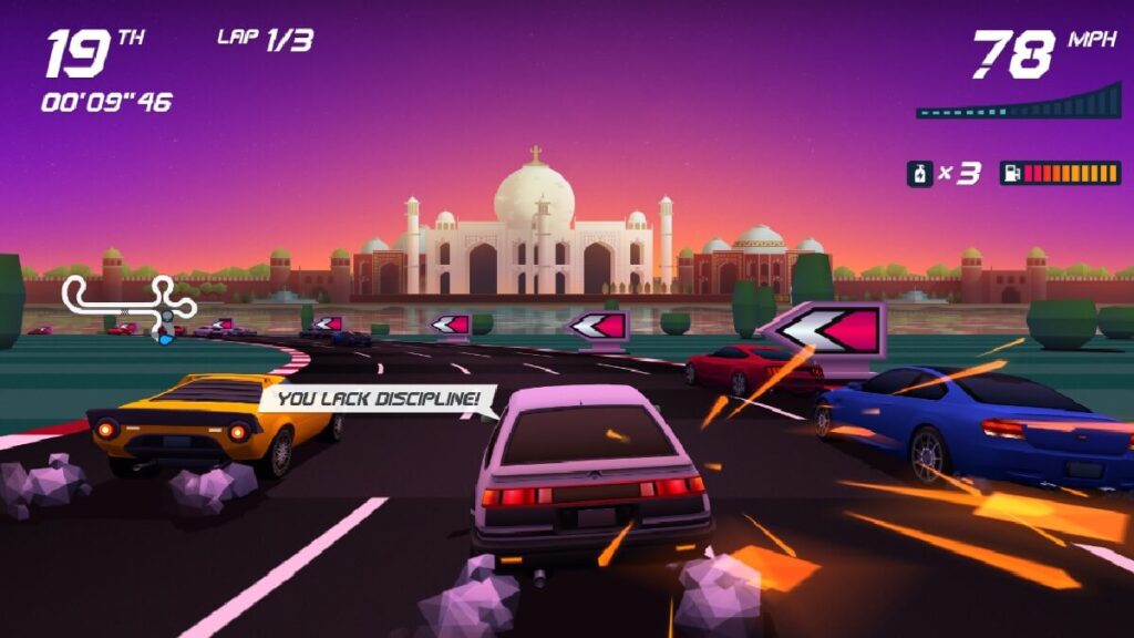 Imagem do jogo mostrando uma corrida radical com vários carros de diferentes cores.