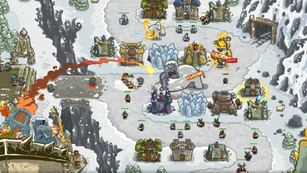 Imagem do jogo mostrando um lugar de neve cheio de torres armadas.