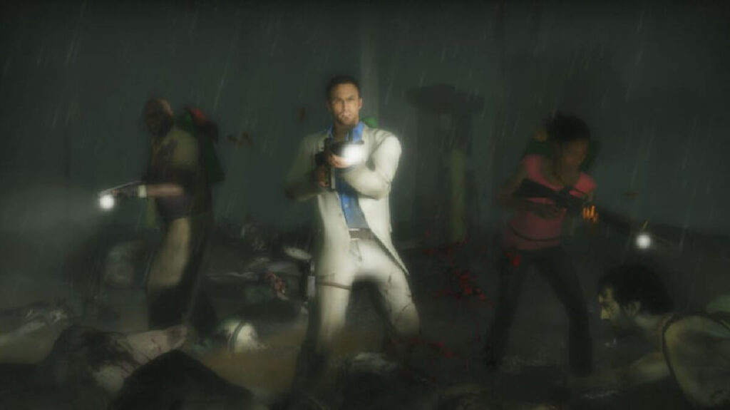 Imagem do jogo mostrando 3 personagens atirando em zumbis.