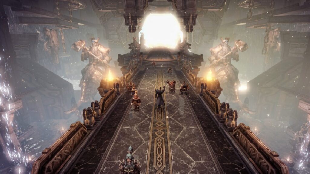 Imagem do jogo mostrando um personagem andando sobre uma gigantesca ponte com esculturas enorme ao fundo.